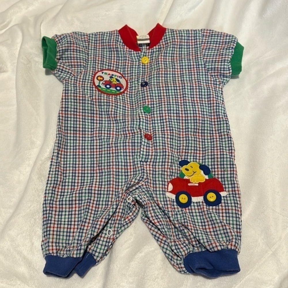 Vintage 1980's Baby Romper Color Block Primary Colors Stripes Plaid  3-6 Mo